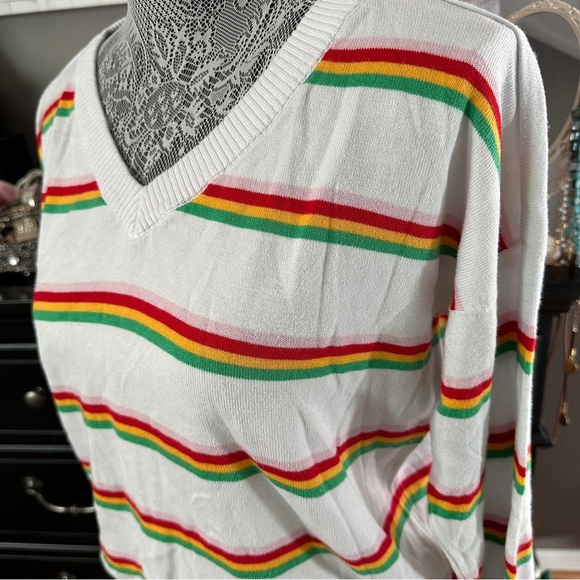 Levi’s Retro Stripe Normcore V-Neck Sweater White Multicolor Long Sleeve Medium - Picture 4 of 13